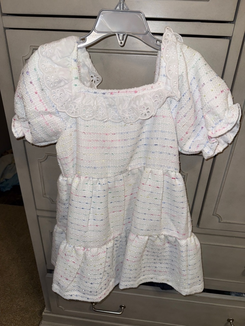 Janie and Jack White tweed Collar Tiered Dress Top with Pastel Speckles